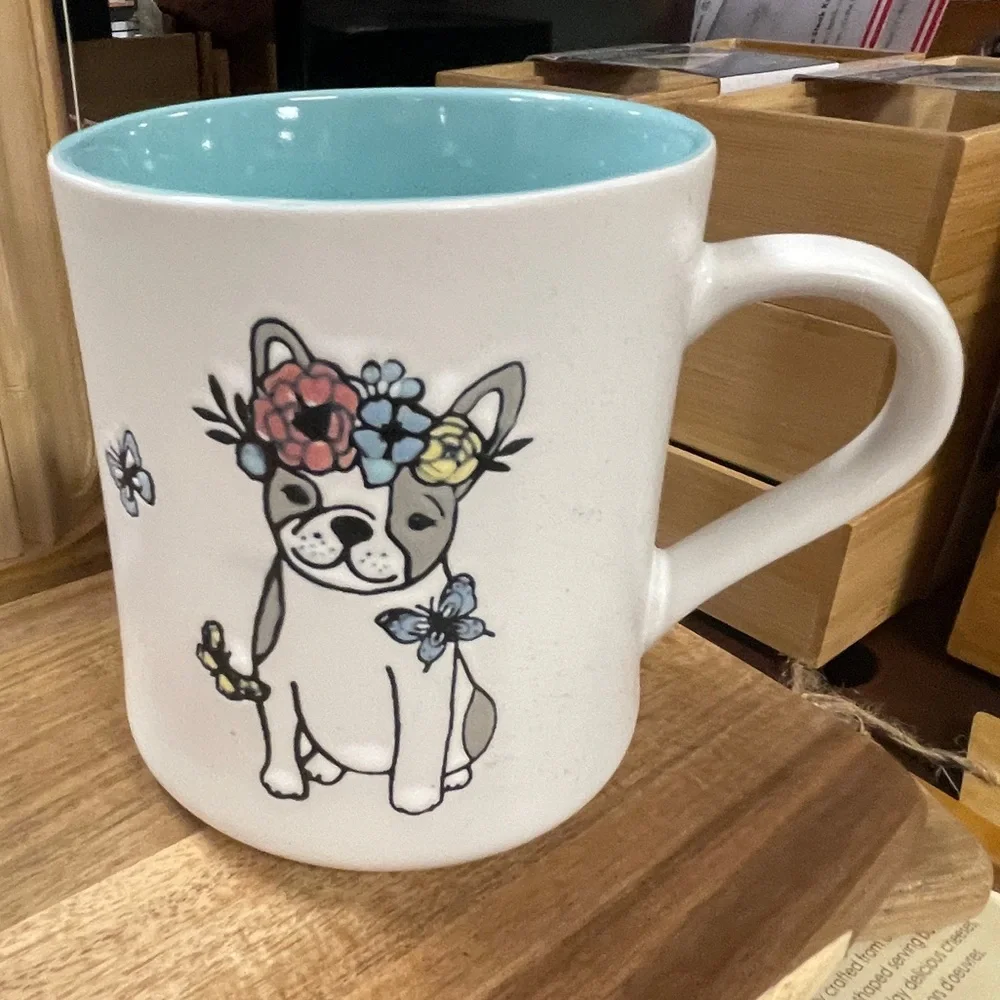 Pug & French Bulldog Floral Crown Clementine Handpainted Ceramic Coffee Mug NEW - Picture 2 of 4